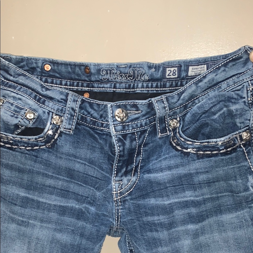 Miss Me Blue Boot Cut Jeans with Gold Stitching
